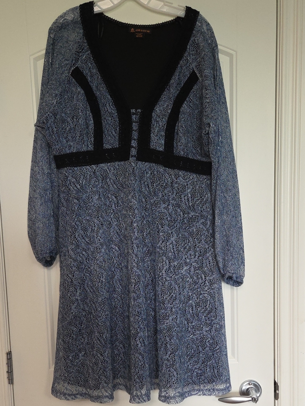 Love & Legend Blue Lace Long Sleeve Midi Dress with Black Trim